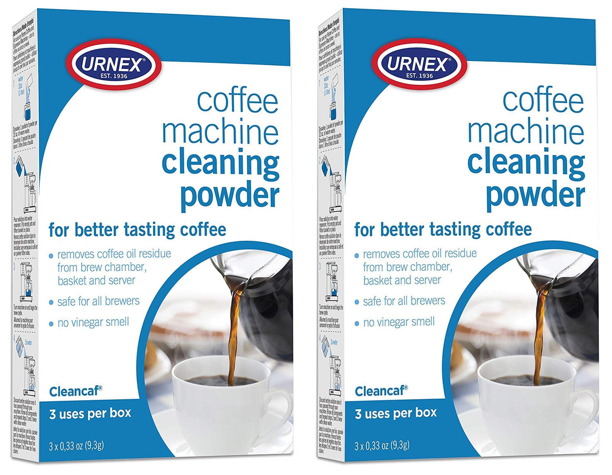 Urnex Cleancaf powder packaging shown for home use removes coffee oils