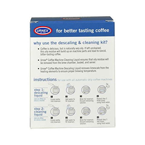 Urnex cleaning kit pack featuring two bottles for full coffee maker maintenance