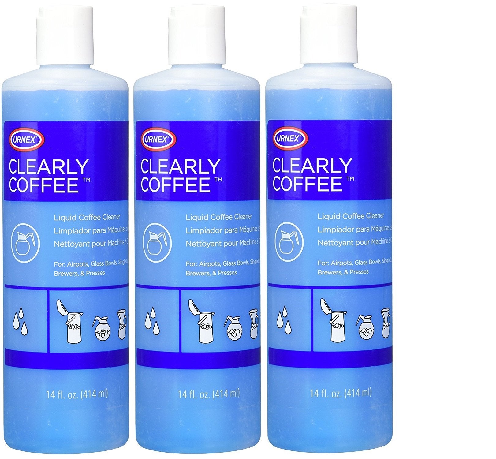 Urnex Clearly Coffee Pot Cleaner bottle ready for countertop cleaning and oil removal