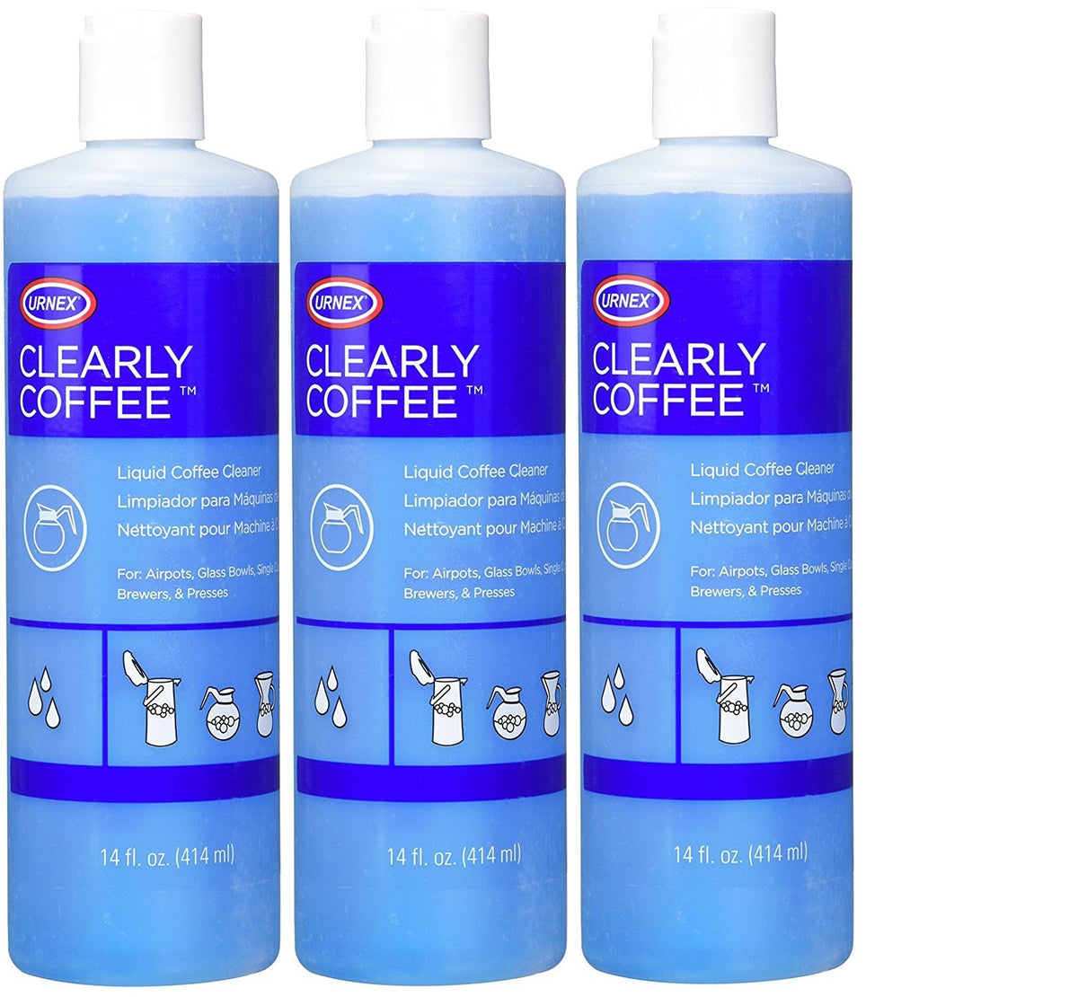 Urnex Clearly Coffee Pot Cleaner bottle ready for countertop cleaning and oil removal