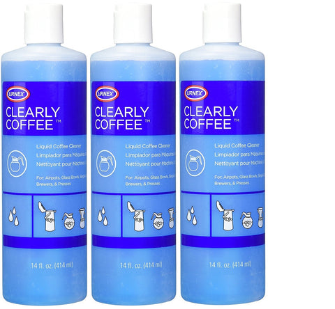 Urnex Clearly Coffee Pot Cleaner bottle ready for countertop cleaning and oil removal