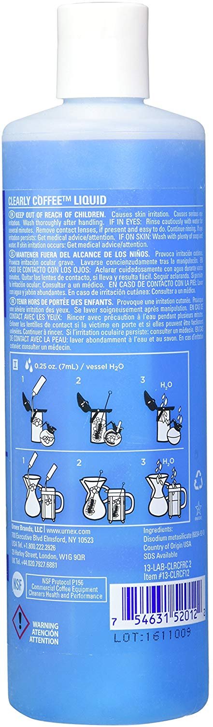 Urnex Clearly Coffee Pot Cleaner cleans glass carafes and prevents oil buildup