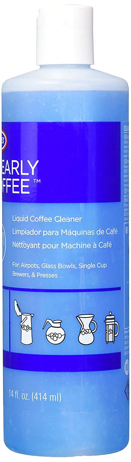 Urnex Clearly Coffee Pot Cleaner being poured for quick kitchen use