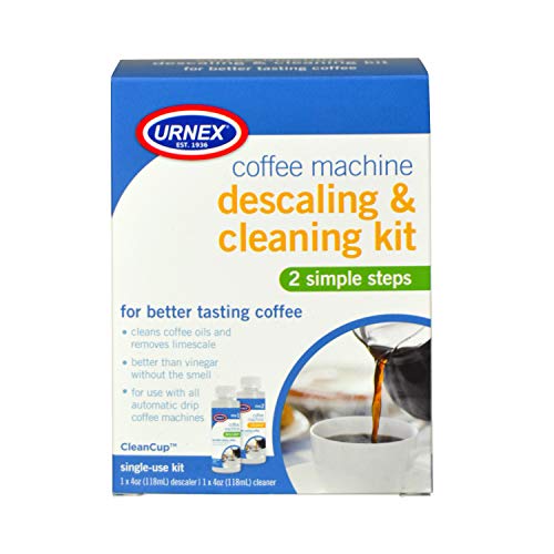 Urnex descaler bottle highlighted for mineral buildup removal in coffee makers