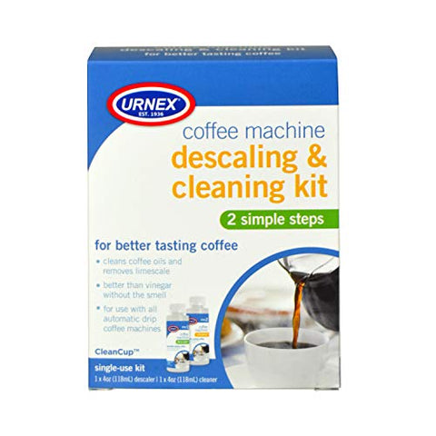 Urnex descaler bottle highlighted for mineral buildup removal in coffee makers
