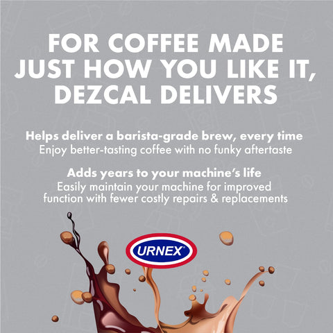 Urnex Dezcal barista trust graphic reflecting professional global use.