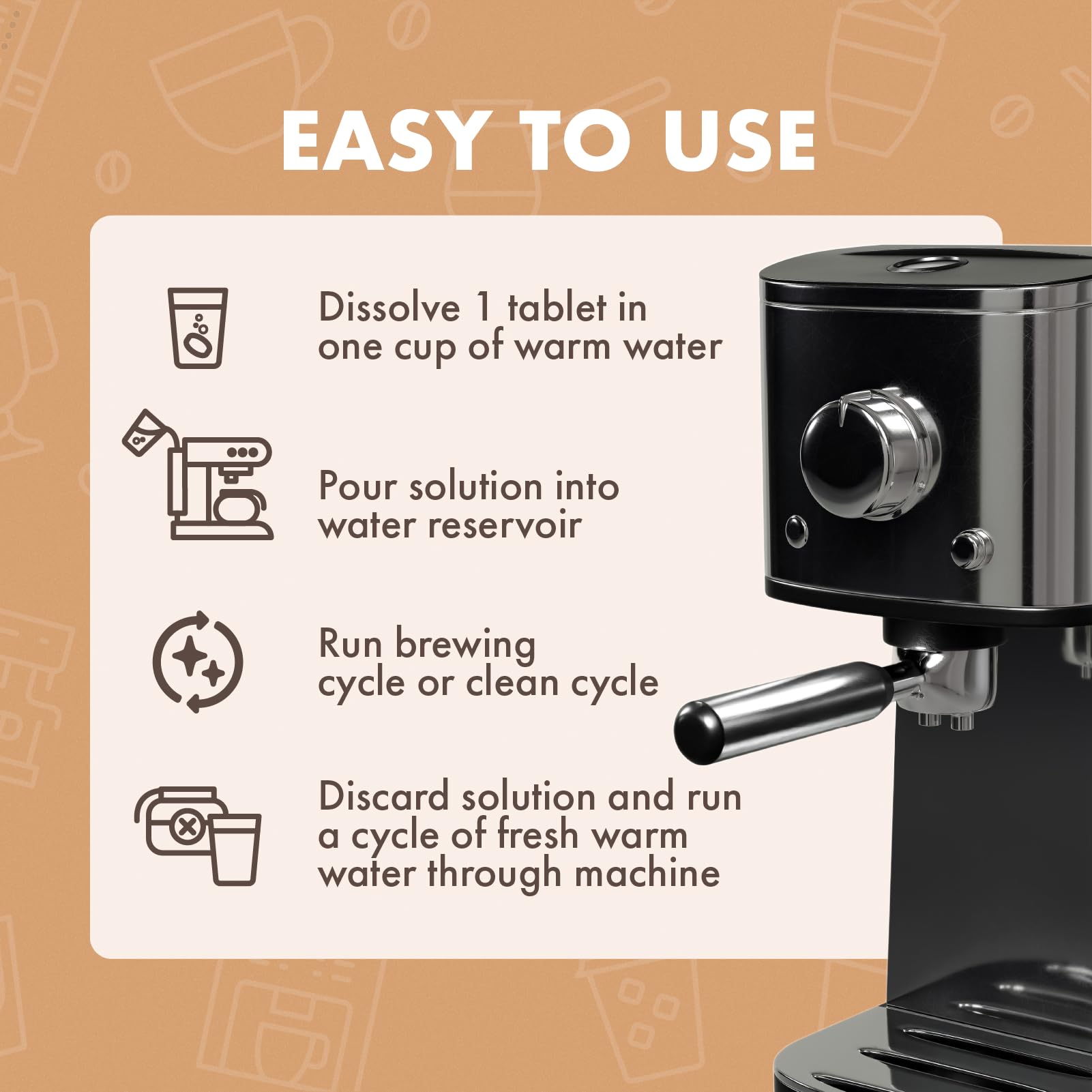 Urnex Dezcal coffee machine care image suggesting smoother brewing and longer life.