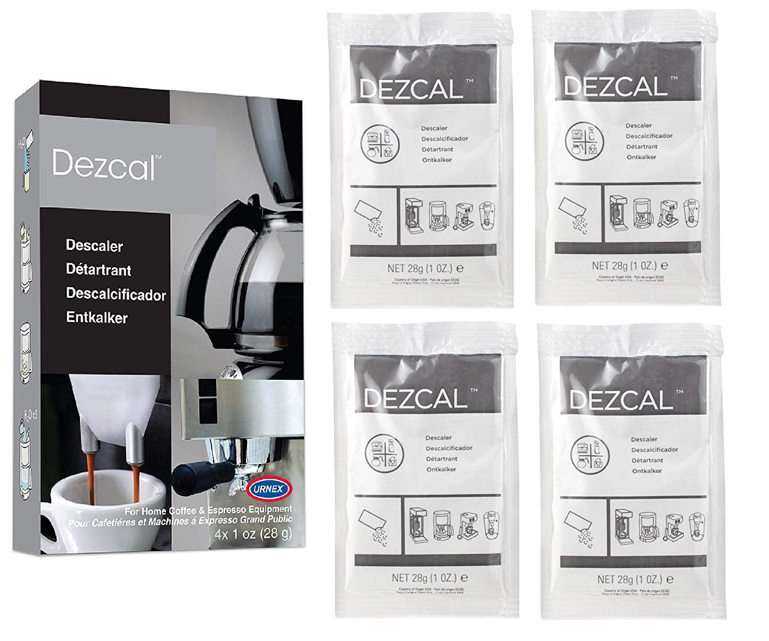 Urnex Dezcal eight packets laid out for ready descaling tasks.