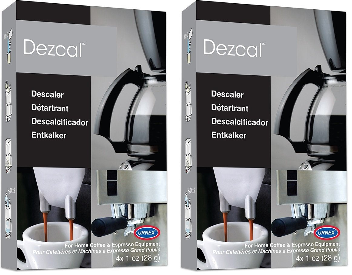 Urnex Dezcal descaler boxes show the two-pack packaging for home use.