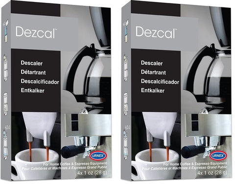 Urnex Dezcal descaler boxes show the two-pack packaging for home use.