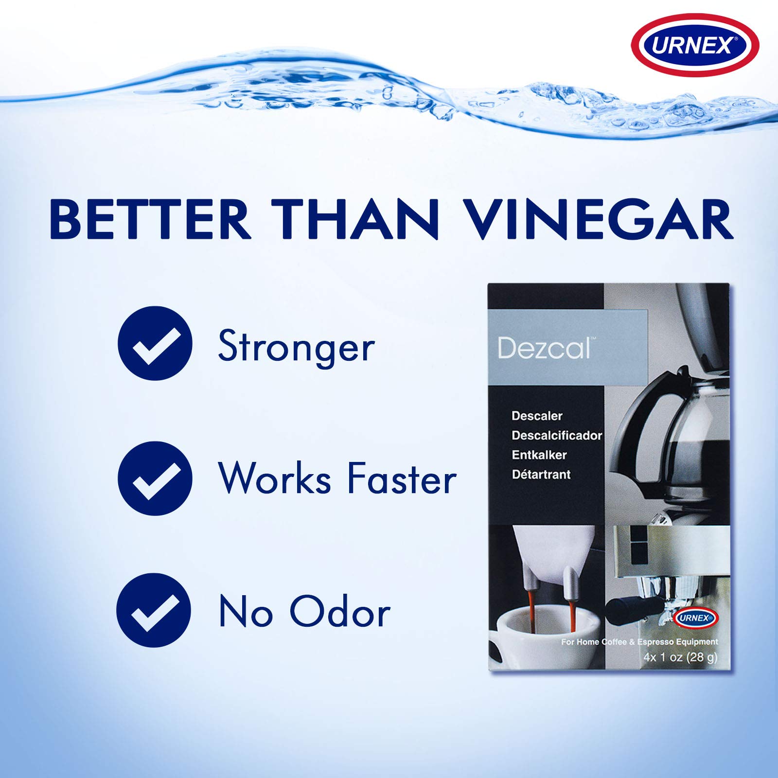 Urnex Dezcal used to descale kettles for better heating performance.