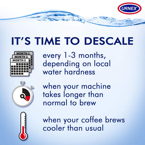 Urnex Dezcal with Keurig compatibility shown for single-serve brewers.
