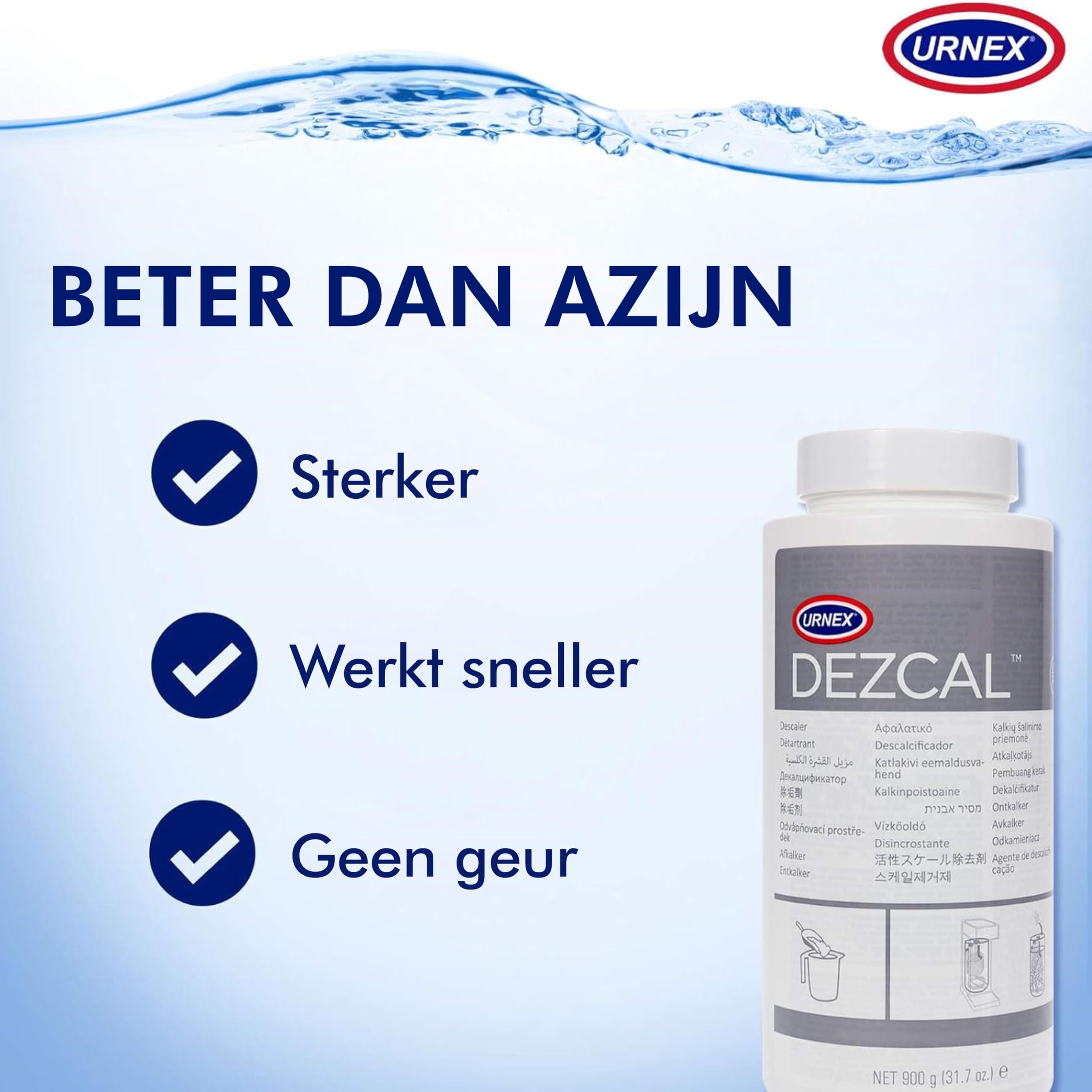 Urnex Dezcal bottle stored in a kitchen cabinet for easy maintenance.