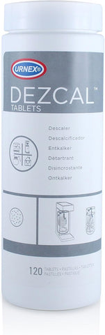 Urnex Dezcal descaling tablets in package for easy, effective machine maintenance.