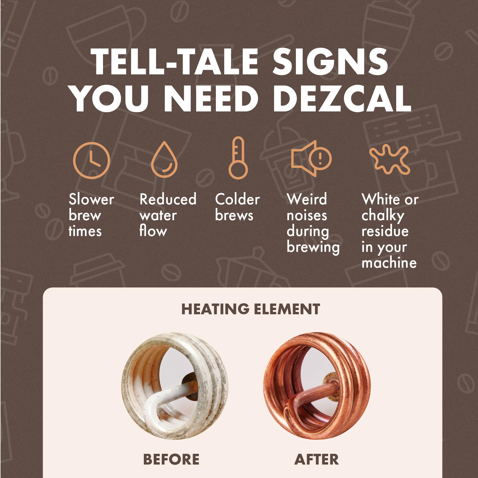 Urnex Dezcal universal compatibility graphic highlighting major coffee maker brands.
