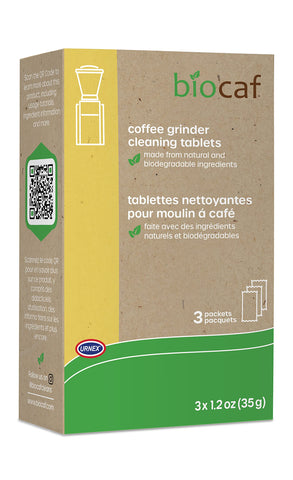Urnex Full Circle cleaning tablets packaging shown as a convenient 3-pack for grinder cleaning.