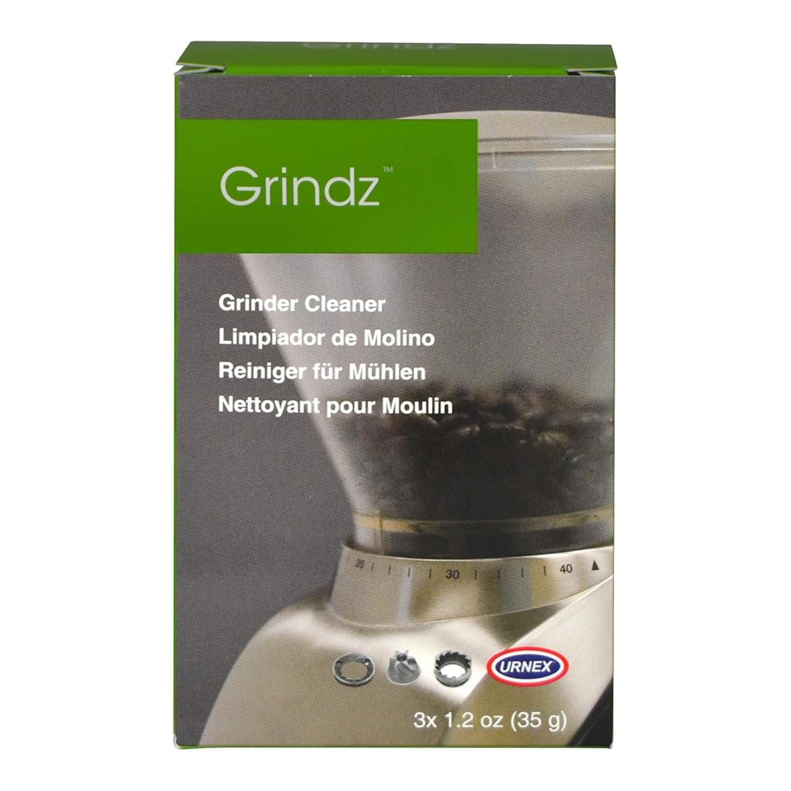 Urnex Grindz professional cleaning tablets packaging for easy grinder maintenance.
