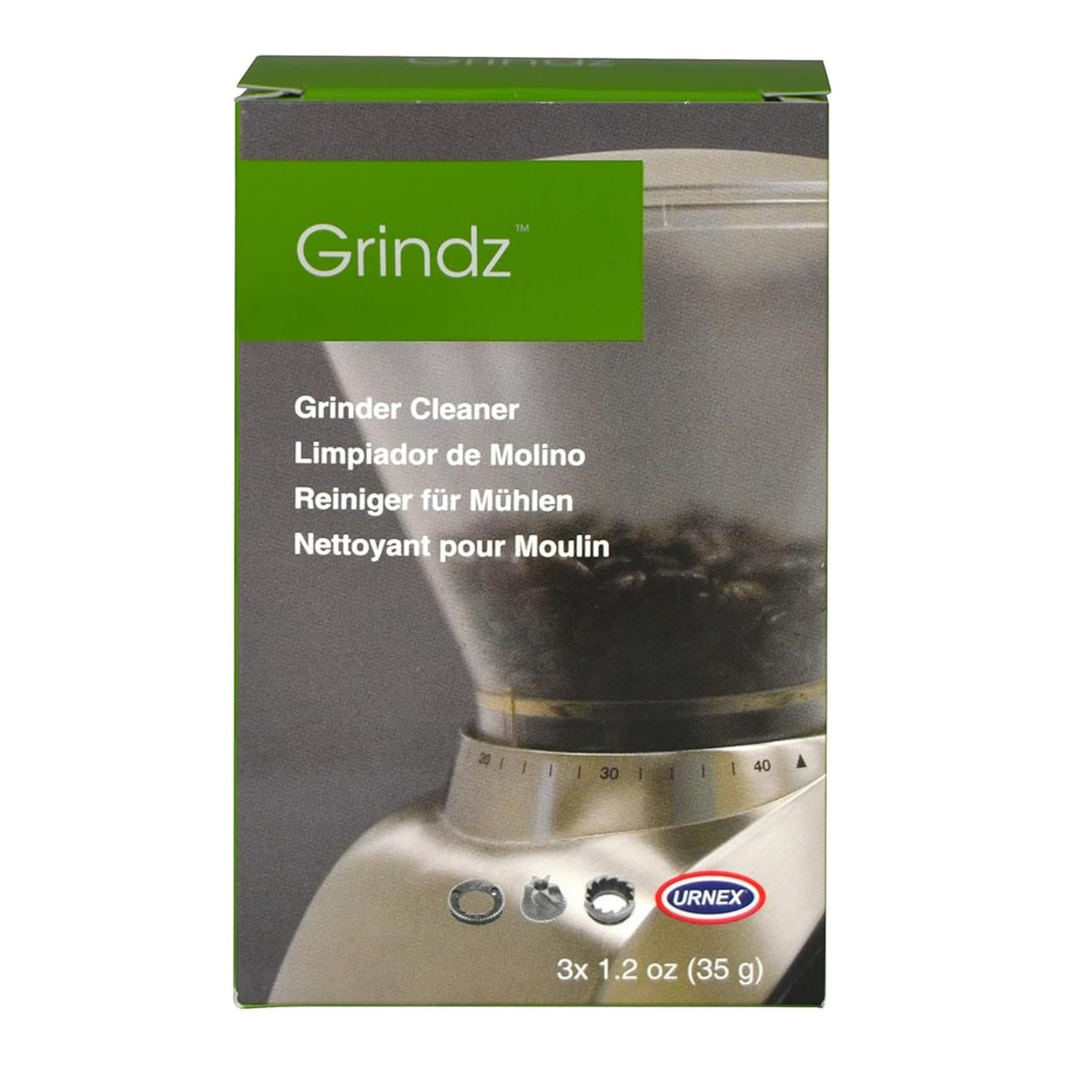 Urnex Grindz professional cleaning tablets packaging for easy grinder maintenance.