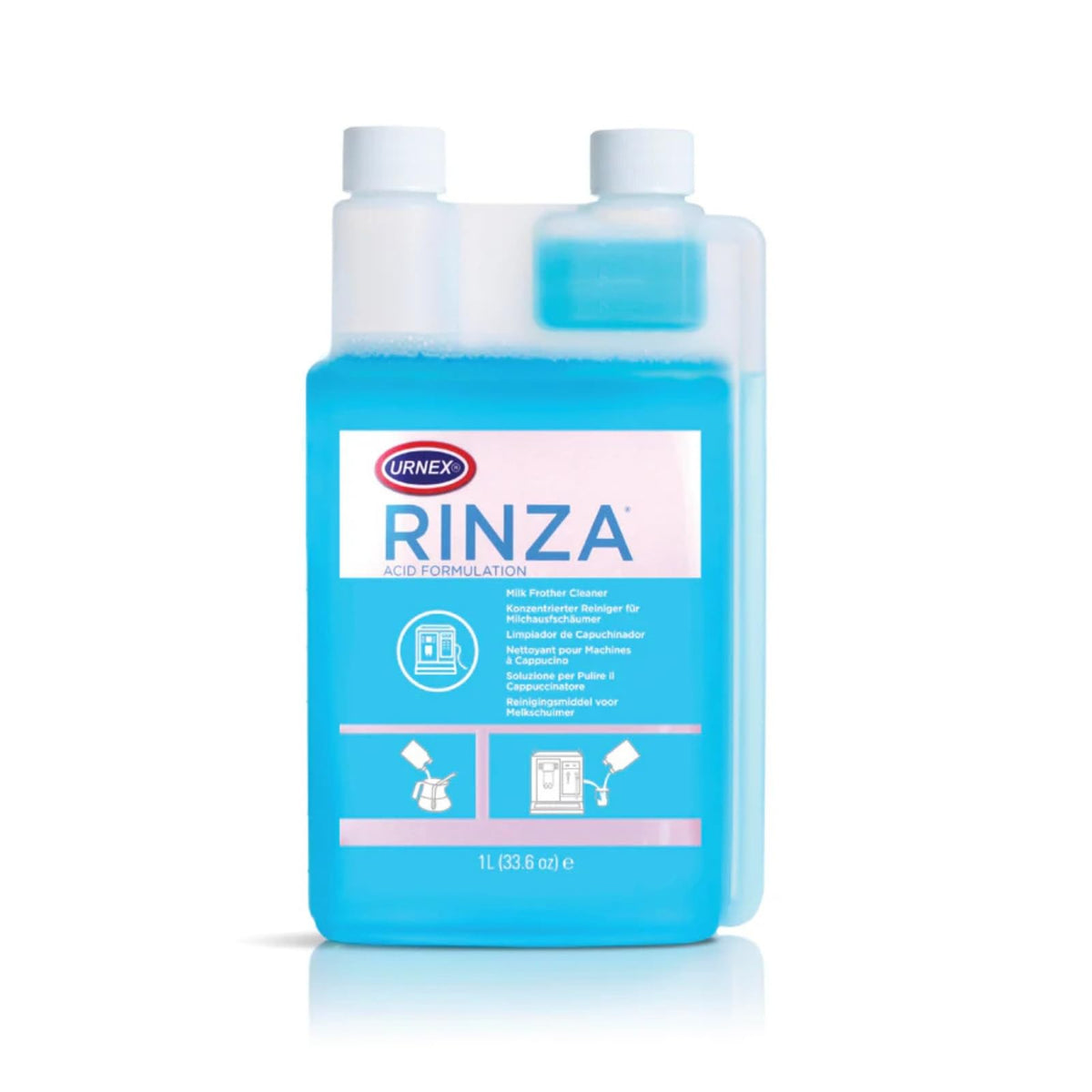 Urnex Rinza acid formula cleaner bottle for automatic milk systems cleans residue