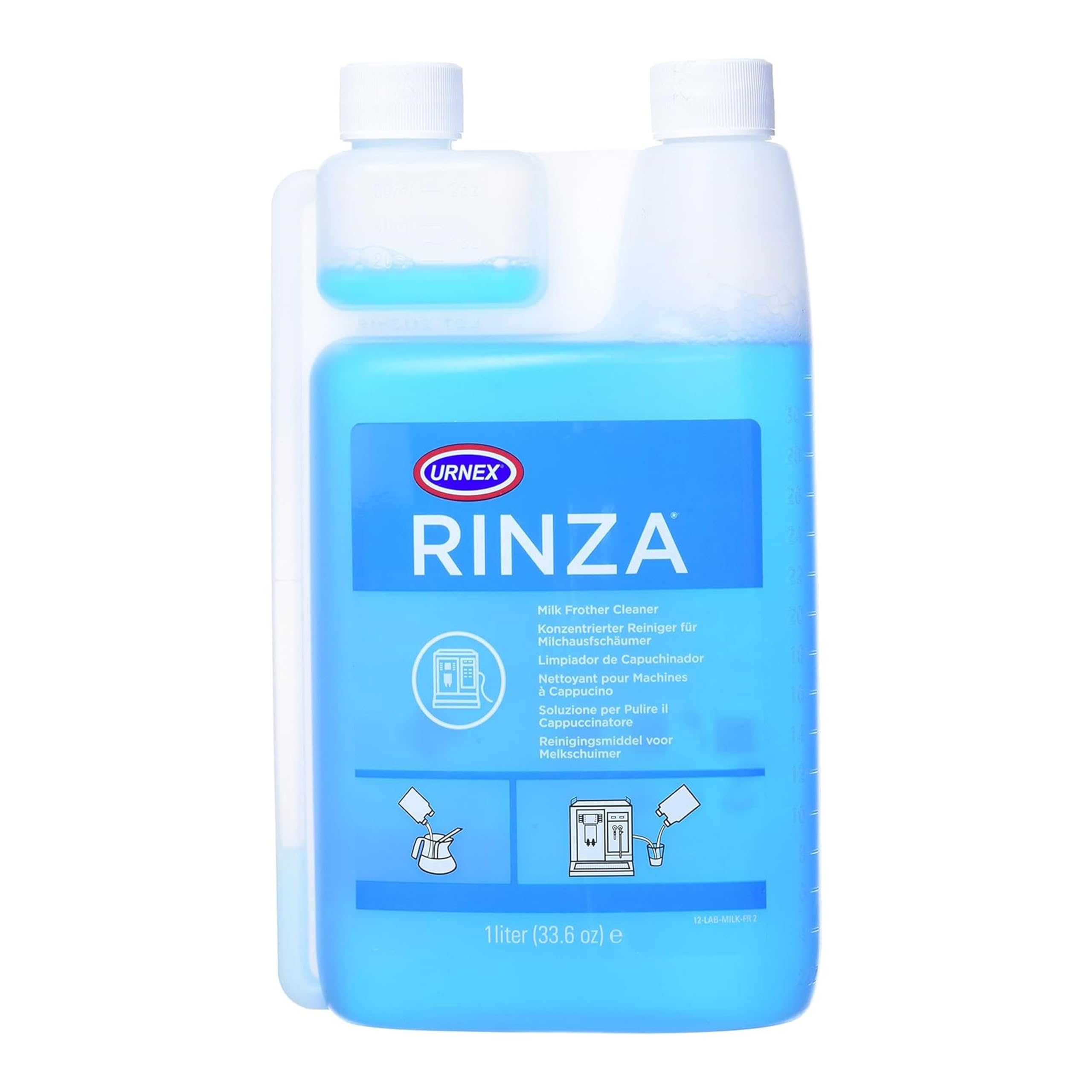Urnex Rinza alkaline cleaner bottle with dual chamber for easy frother cleaning.