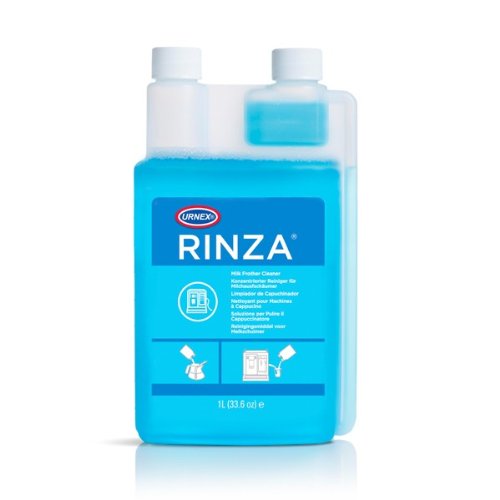 Urnex Rinza milk frother cleaner bottle for daily steam wand maintenance.