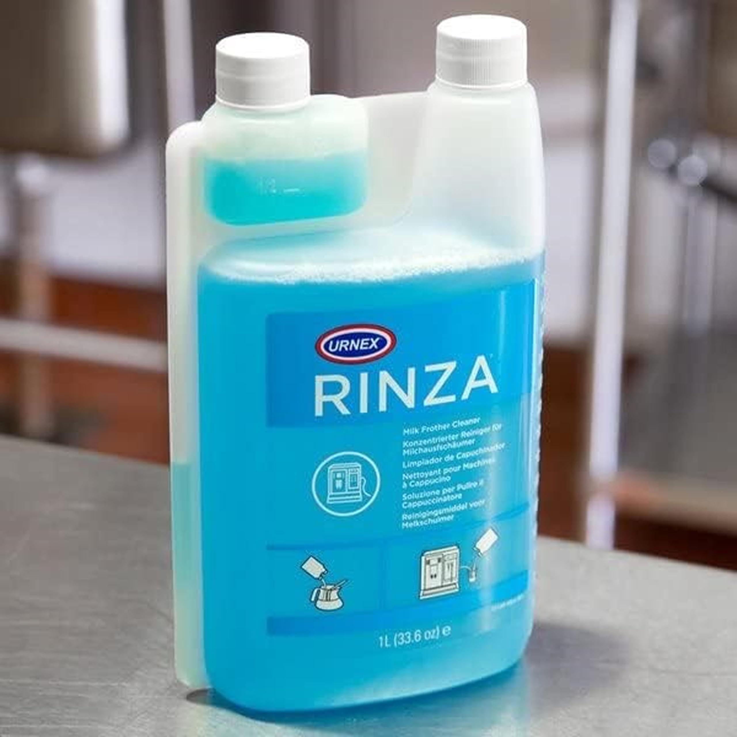 Urnex Rinza steam wand cleaner for traditional milk frothing equipment.