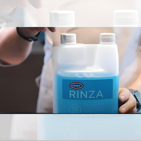 Urnex Rinza steam wand cleaning on steam wands and pitchers
