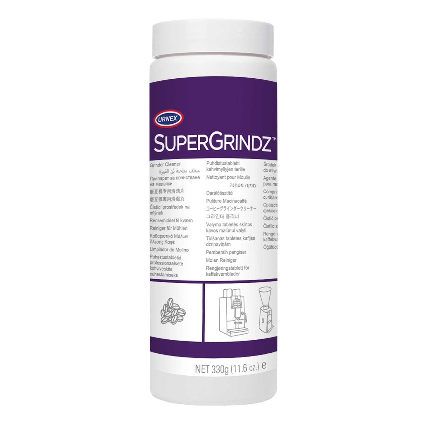 Urnex SuperGrindz bottle front view showing gluten-free, all-natural grinder cleaner benefits.