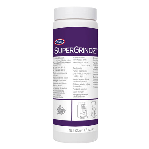 Urnex SuperGrindz bottle front view showing gluten-free, all-natural grinder cleaner benefits.