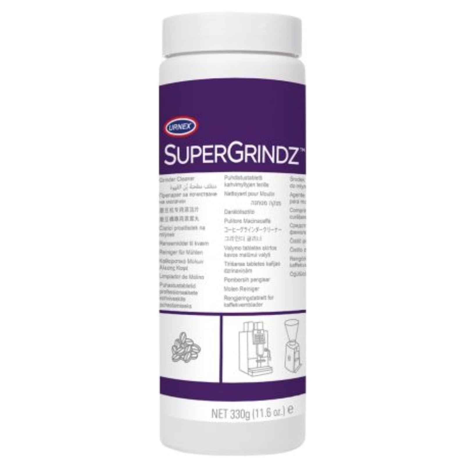 Urnex SuperGrindz label close-up noting gluten-free and natural ingredients.