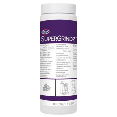 Urnex SuperGrindz label close-up noting gluten-free and natural ingredients.