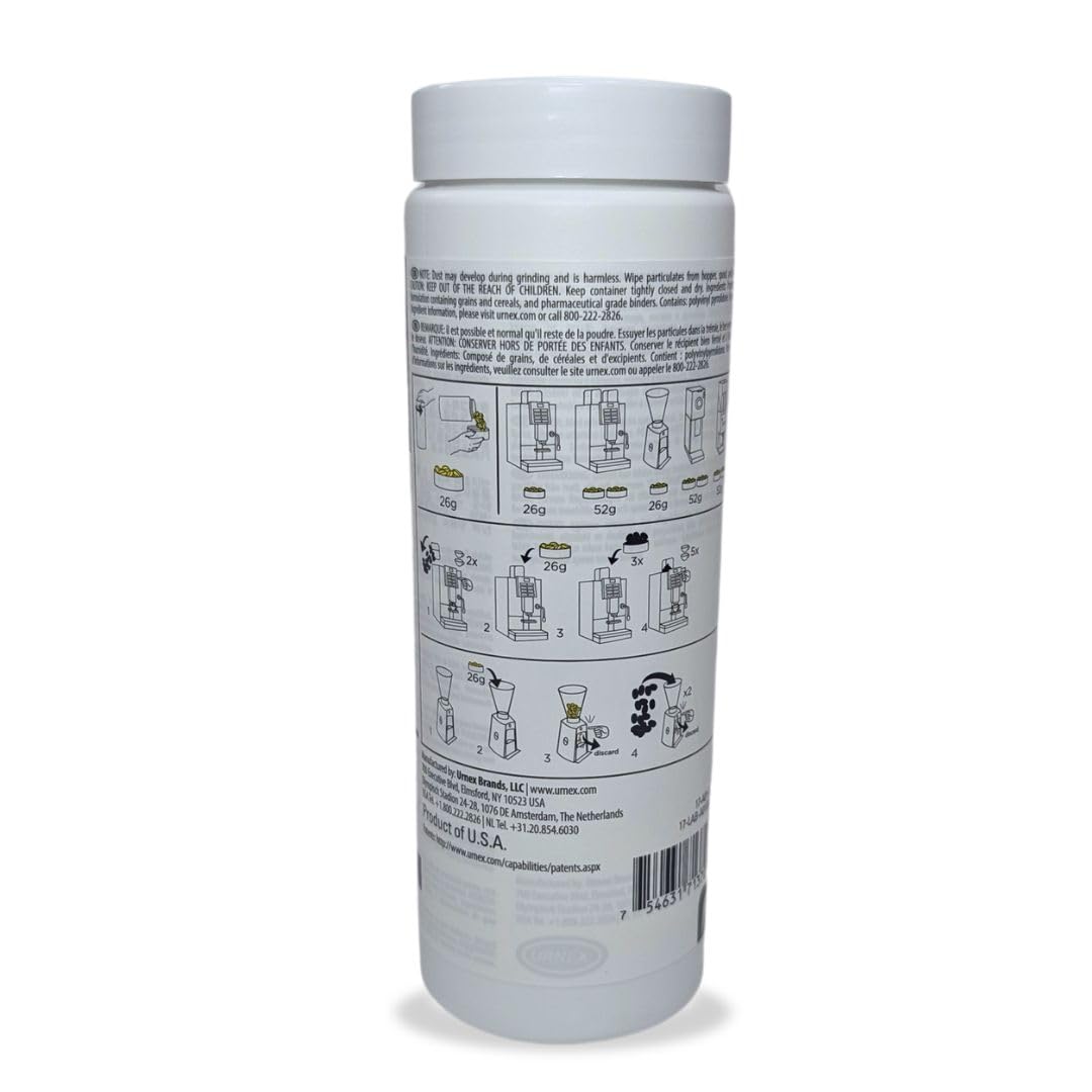 Close-up of Urnex SuperGrindz tablets for brewing and cleaning coffee burrs.
