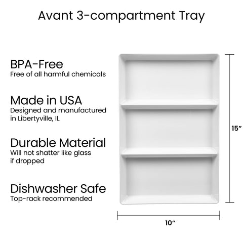 US Acrylic Avant White tray shown with beverages and hors d'oeuvres.