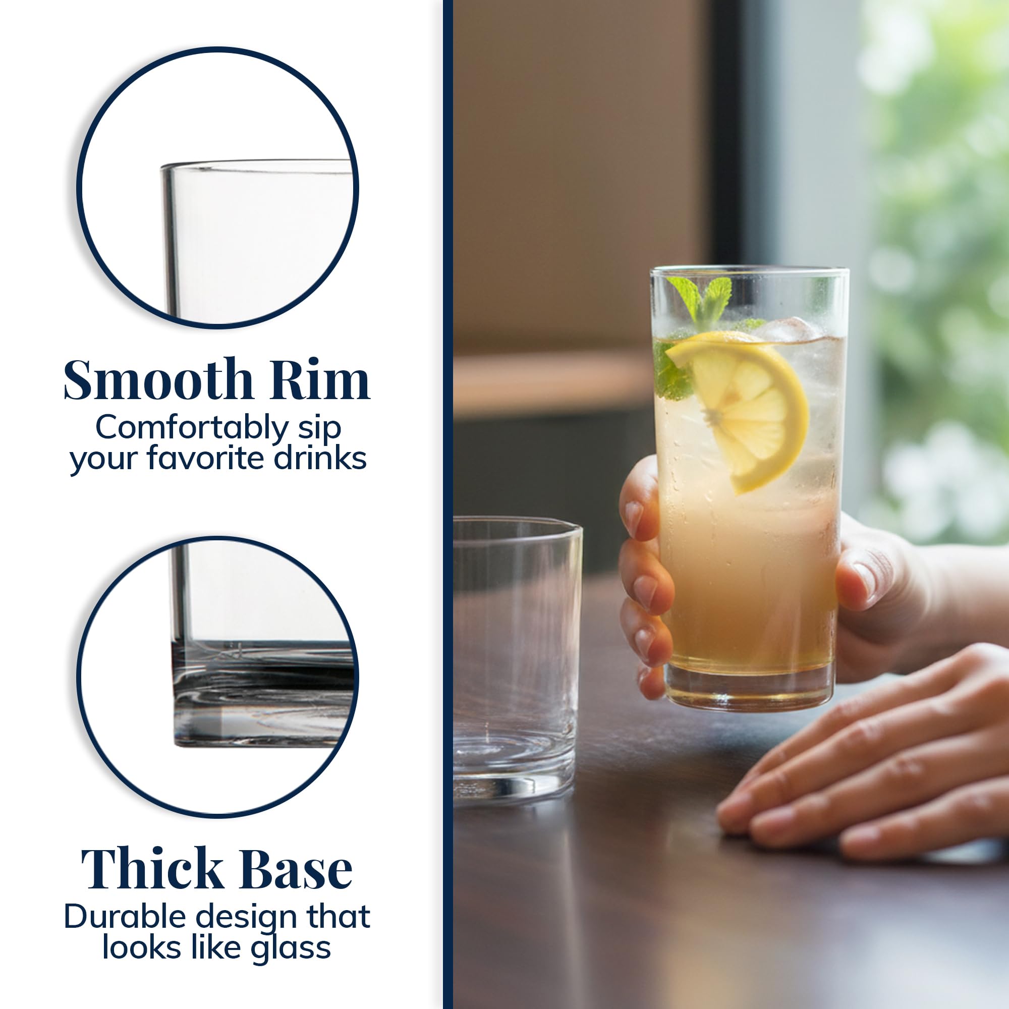 US Acrylic Classic 16oz glass with thick base for stability during meals
