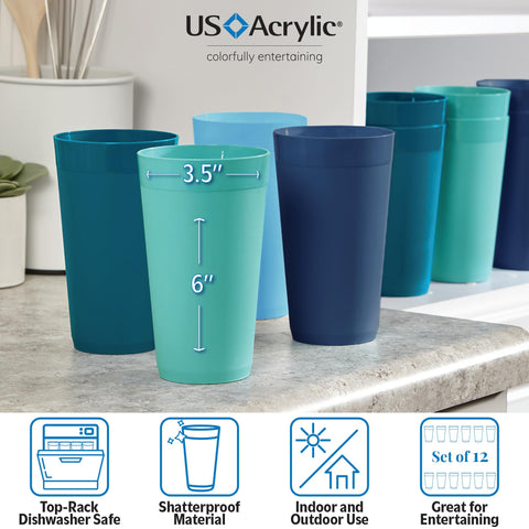 US Acrylic Newport 20oz aqua tumbler, lightweight and stackable for cabinet storage.