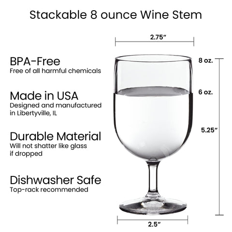 US Acrylic 8oz stems, top-rack dishwasher safe for easy cleanup.