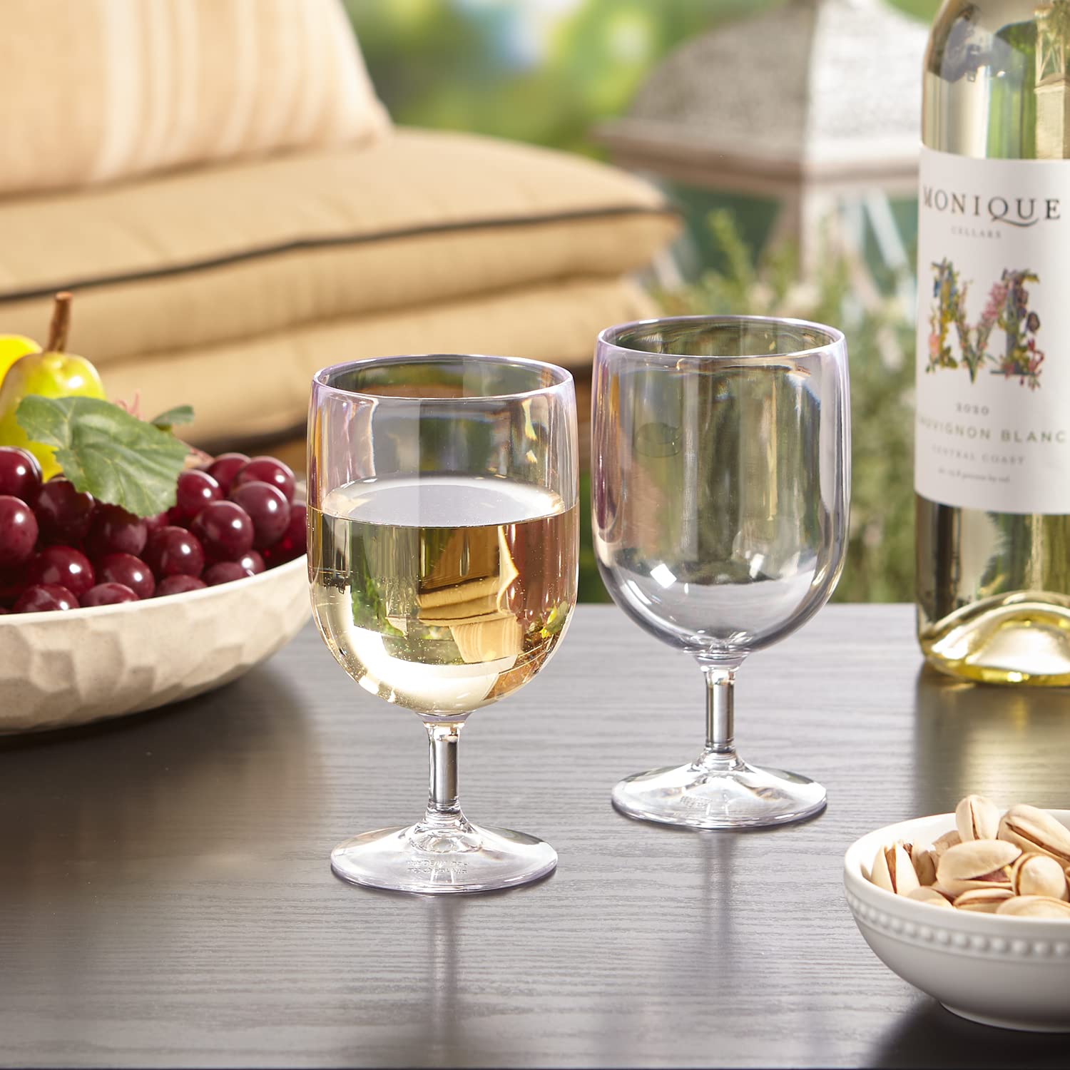 US Acrylic stackable wine stems 8oz side profile, durable plastic with a thick base.