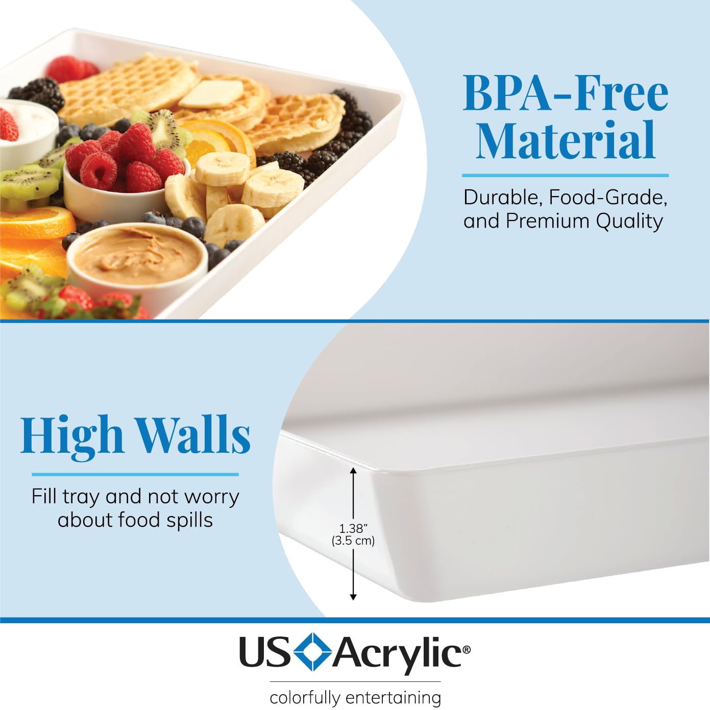 US Acrylic white trays 15x10 side profile, lightweight and durable.