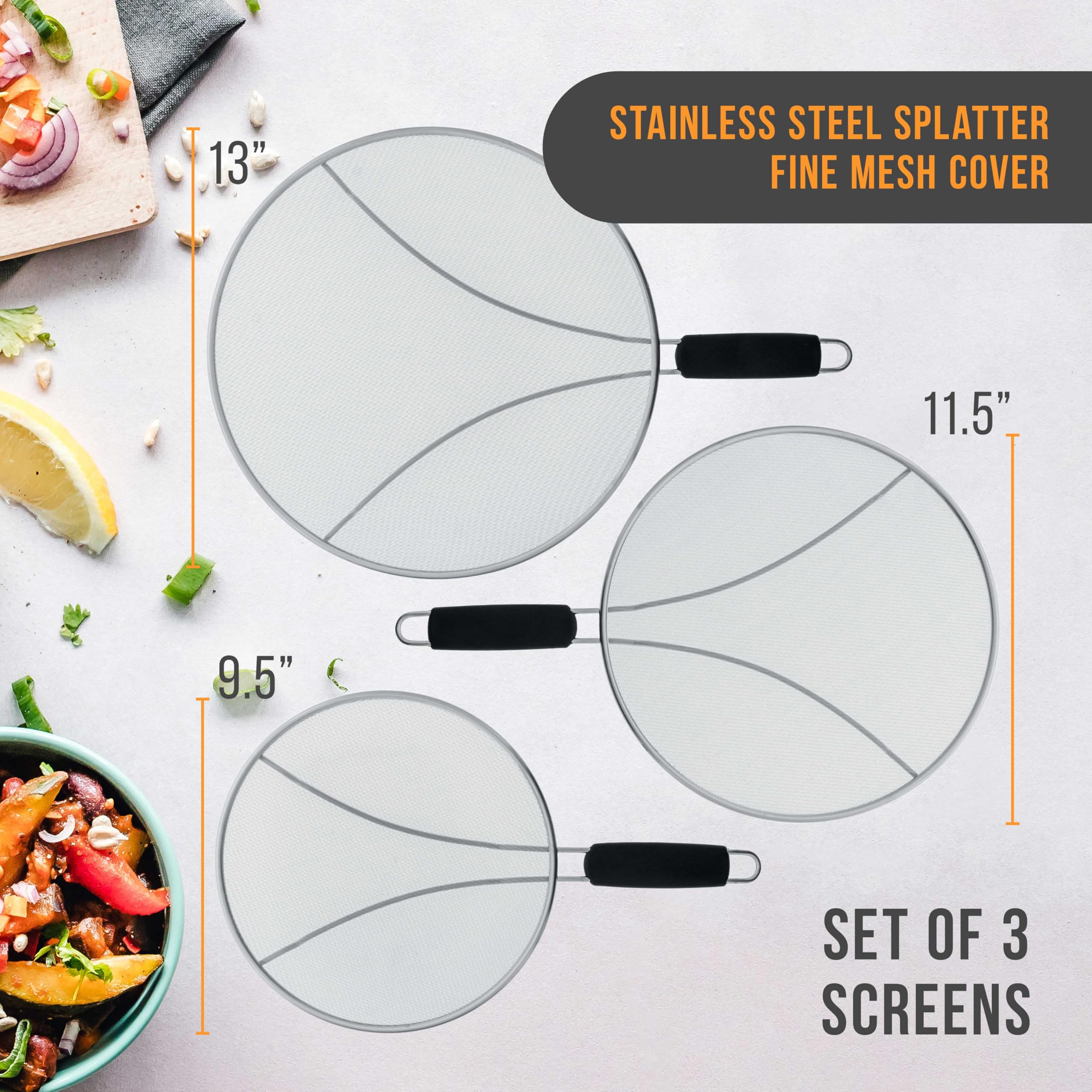 U.S. Kitchen Supply 11.5-inch splatter guard with resting feet keeps countertops clean.