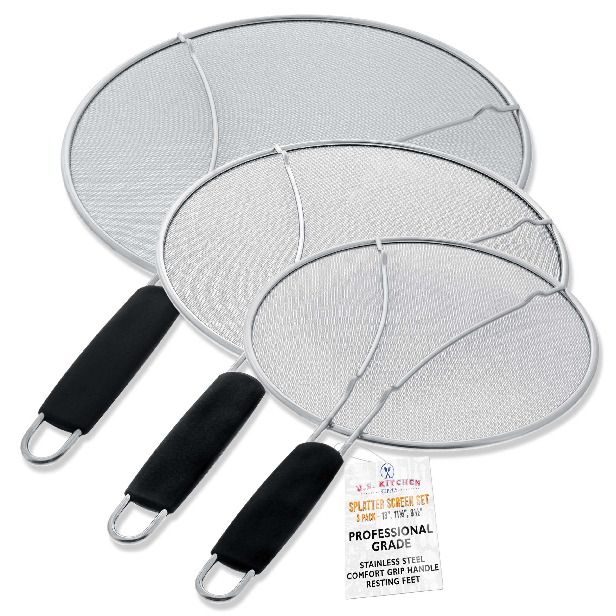 U.S. Kitchen Supply 13-inch splatter guard with fine mesh reduces grease splatter during frying.