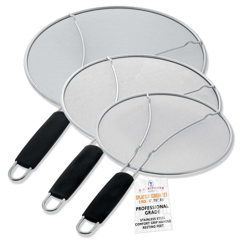 U.S. Kitchen Supply 13-inch splatter guard with fine mesh reduces grease splatter during frying.