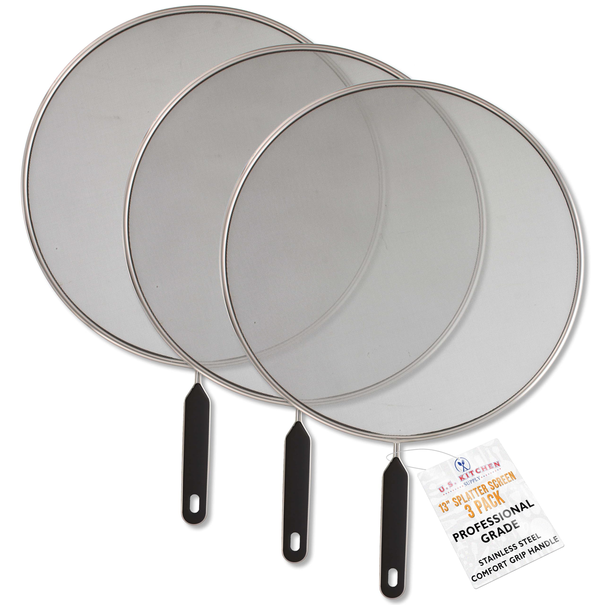 U.S. Kitchen Supply 3-piece splatter guard set on 13-inch pan prevents grease.