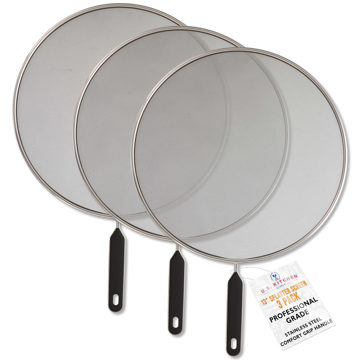 U.S. Kitchen Supply 3-piece splatter guard set on 13-inch pan prevents grease.