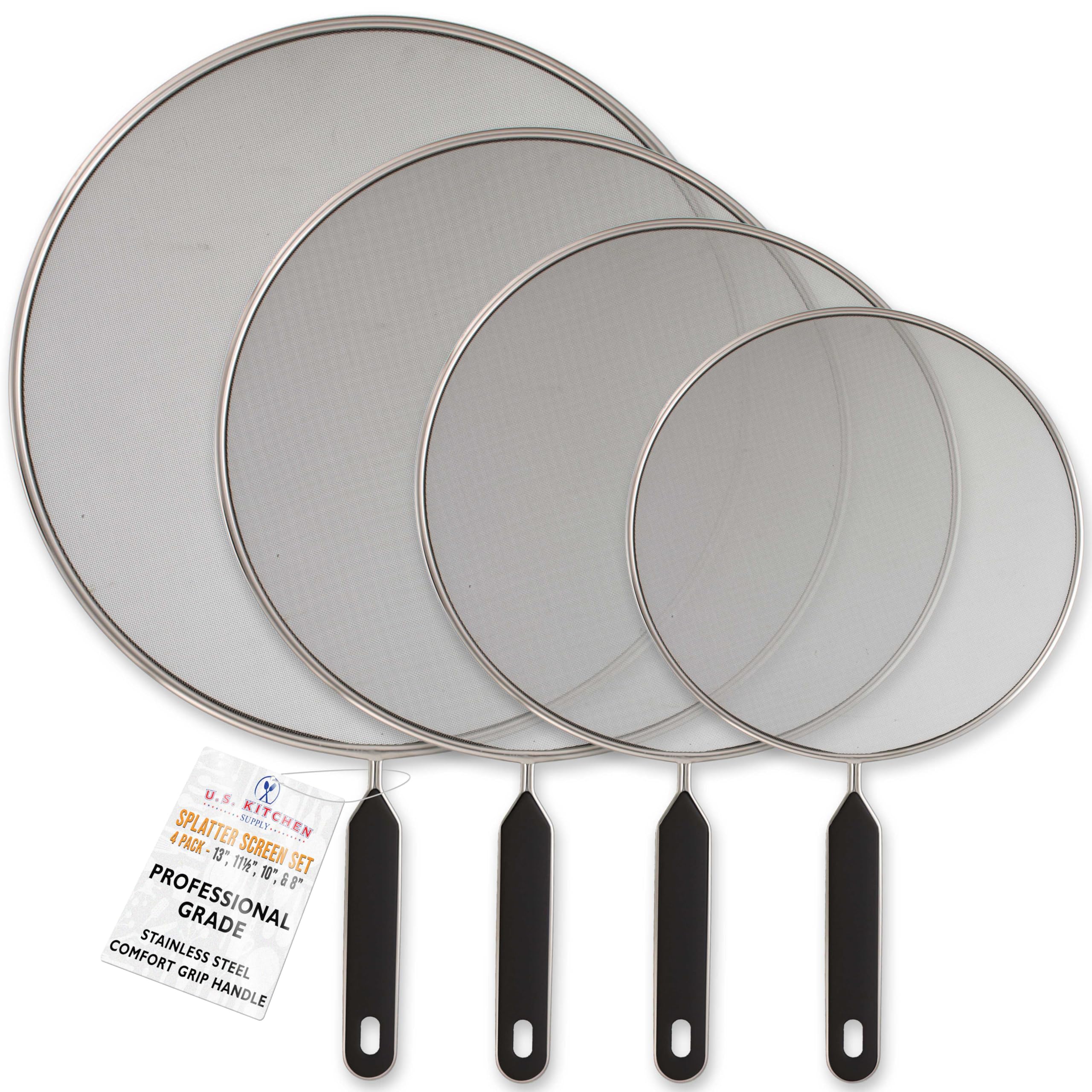U.S. Kitchen Supply 13-inch splatter guard protecting a skillet from grease