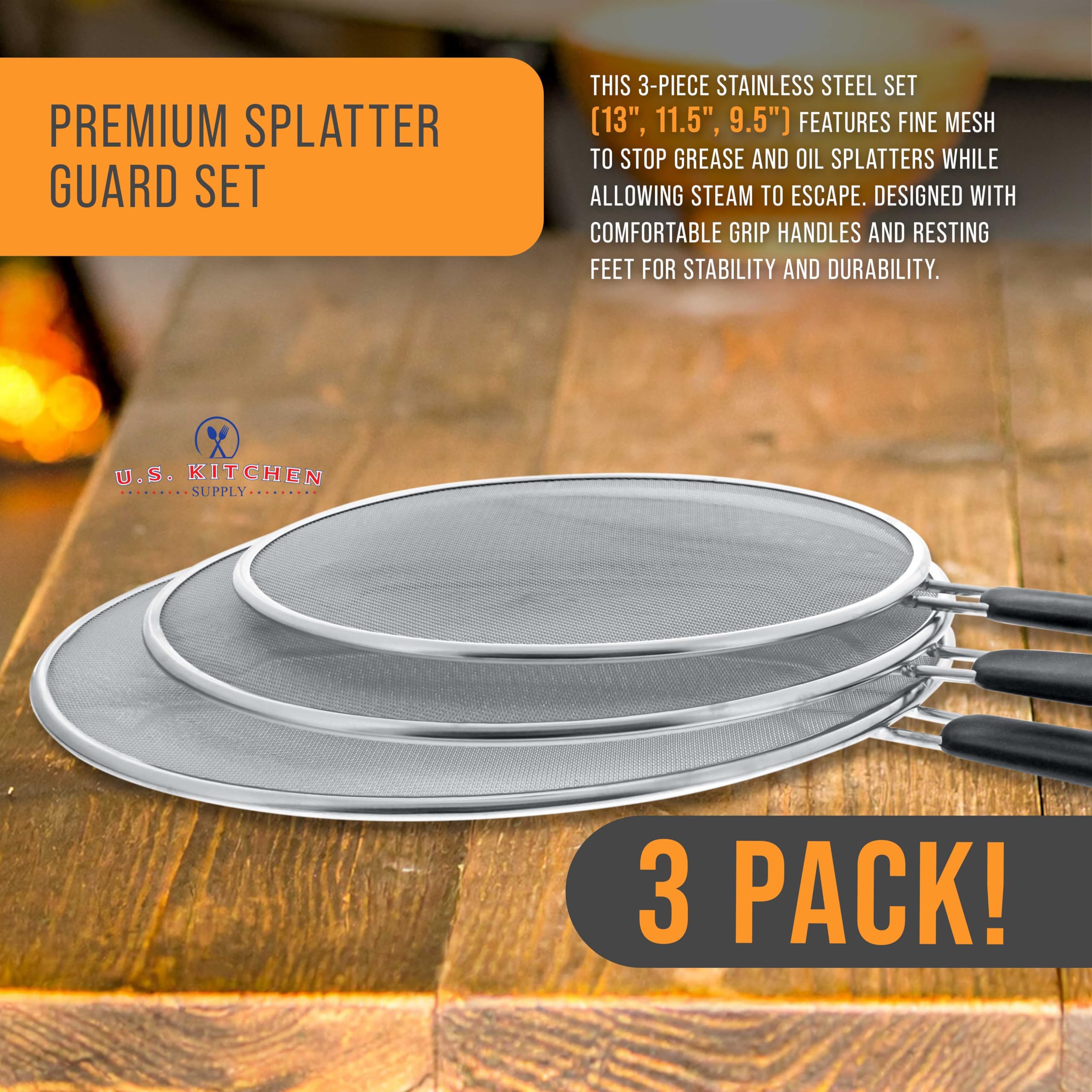 U.S. Kitchen Supply 9.5-inch splatter guard with comfortable grip handles for easy use.