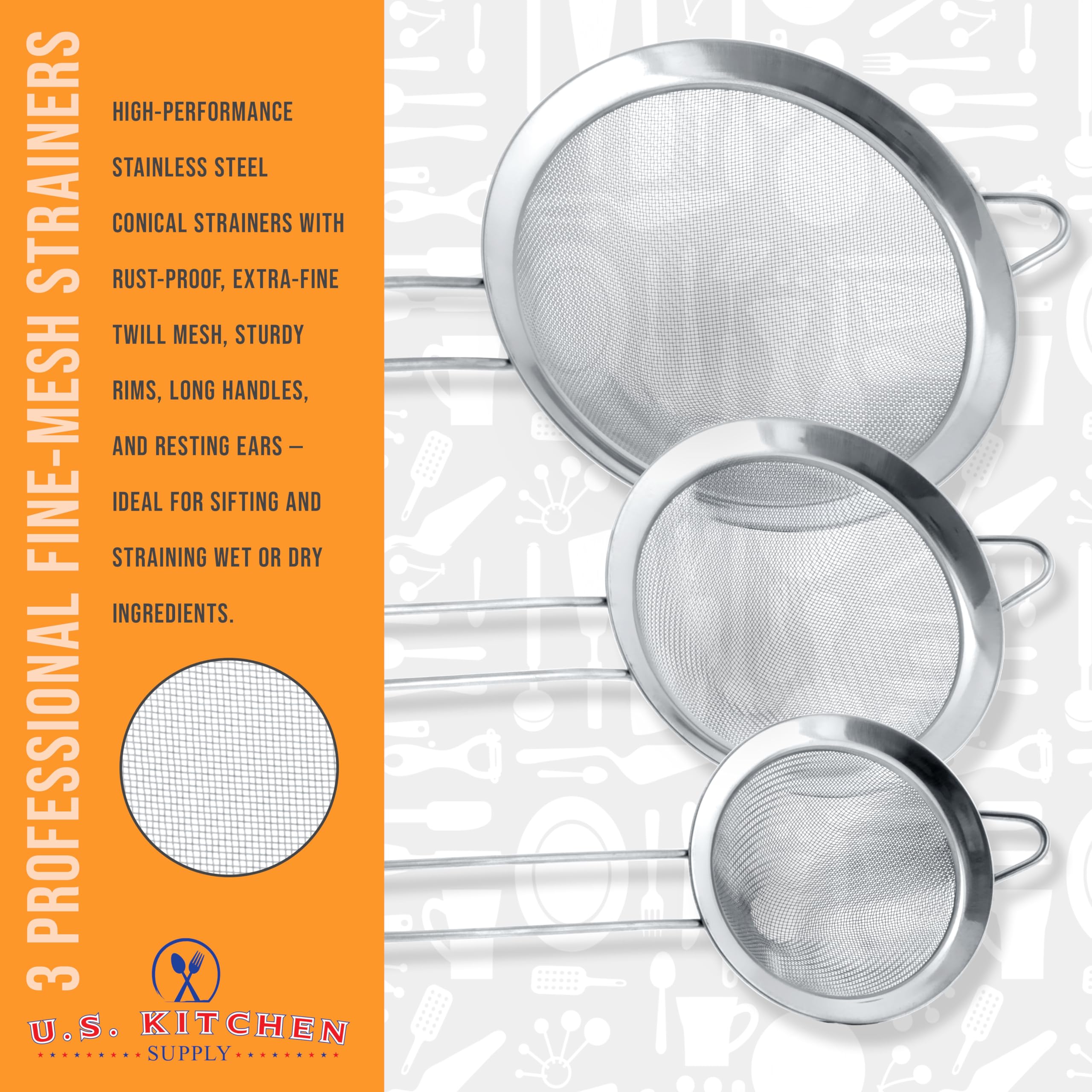 US Kitchen Supply strainers nested together for compact storage