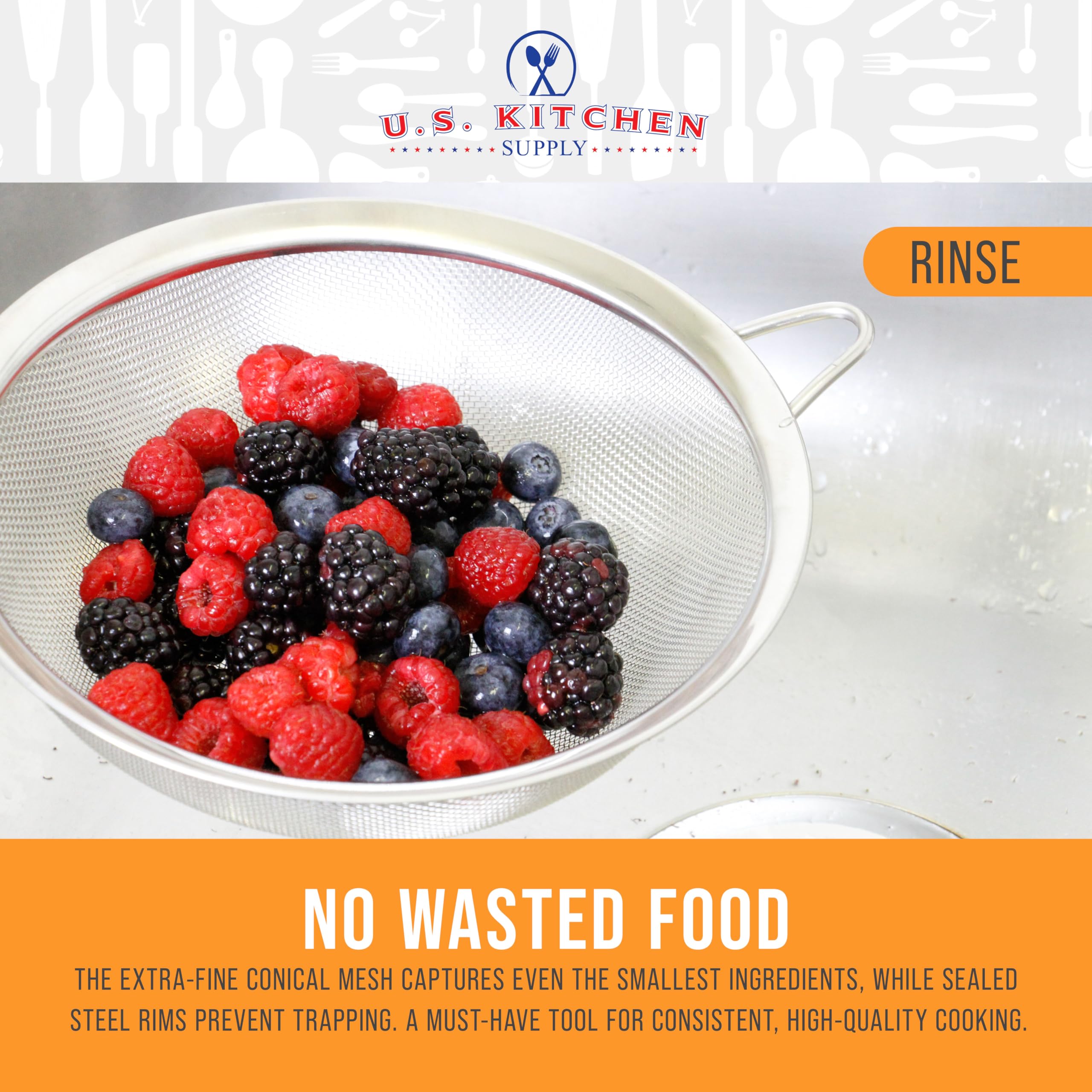 US Kitchen Supply strainer with rust-resistant rim design for hygienic use