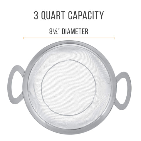 U.S. Kitchen Supply colander with resting feet and wide handles for hands-free stability.