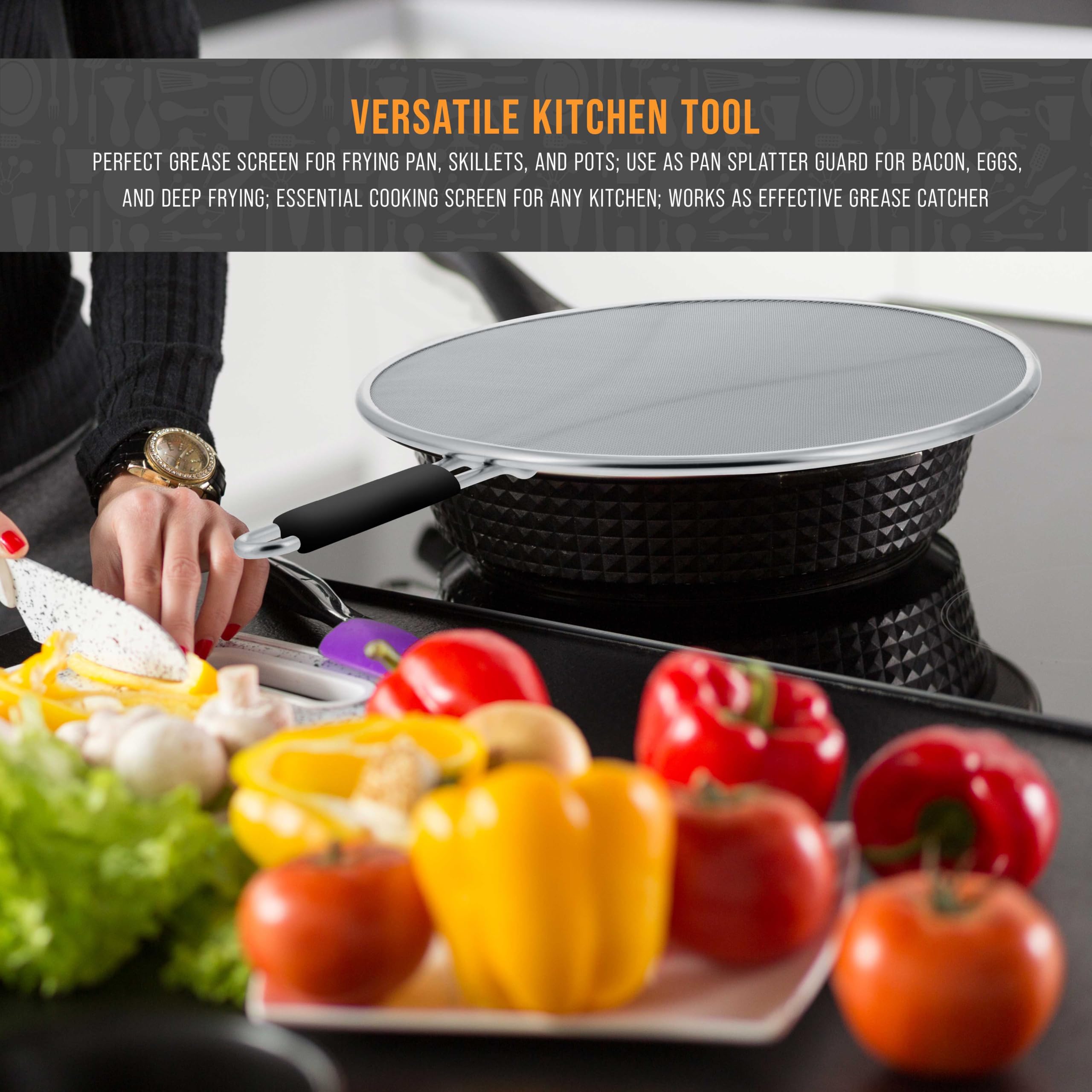 U.S. Kitchen Supply splatter guard with comfort grip handles makes cooking safer and cleaner.