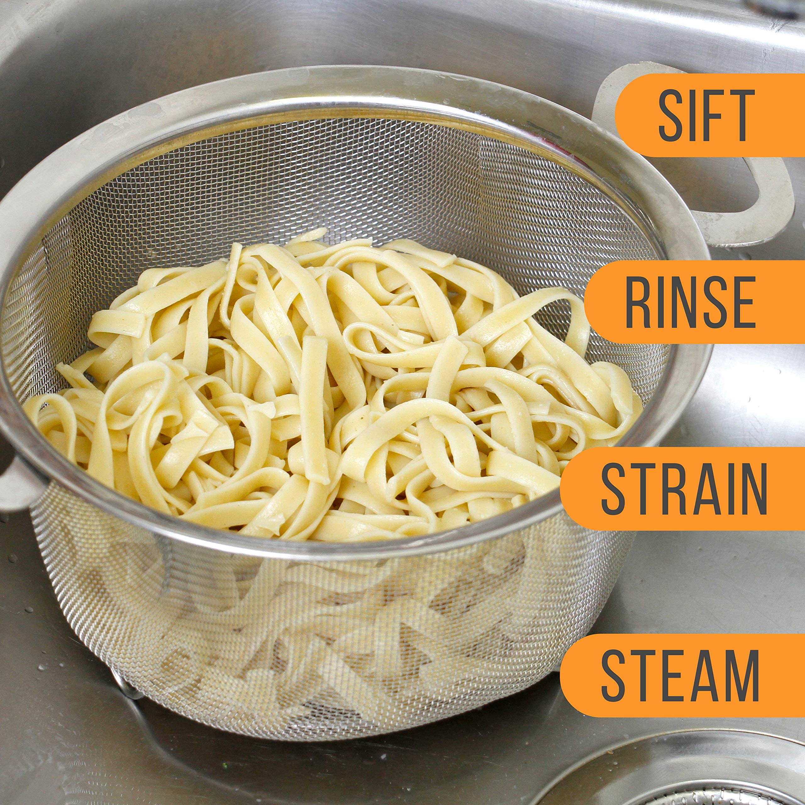 Dishwasher-safe colander ideal for quick cleanup after cooking.